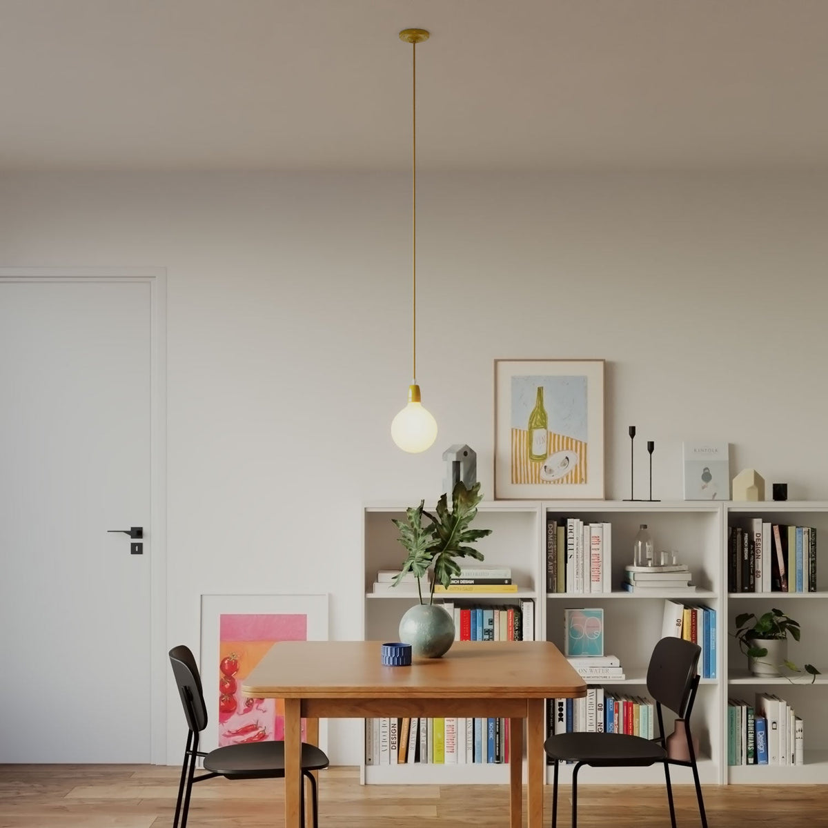 Lampada a sospensione completa di cavo tessile e finiture in porcellana colorata - Giallo