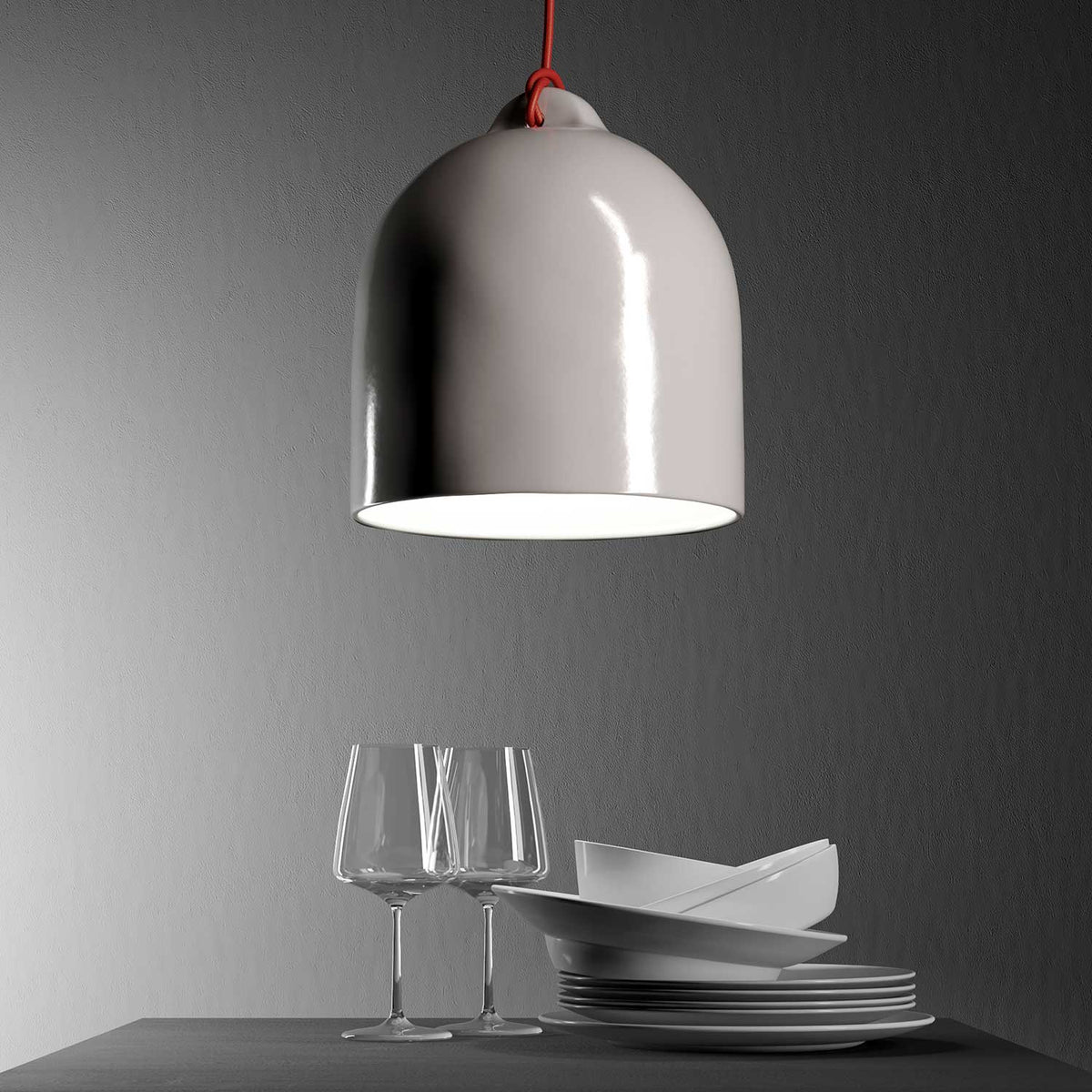 Lampada a sospensione completa di cavo tessile e paralume Campana M in ceramica - Bianco lucido
