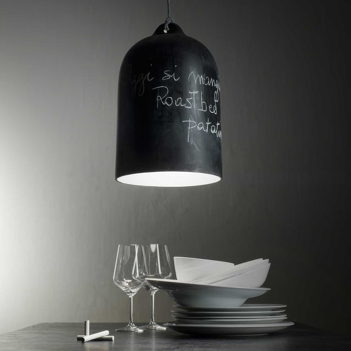 Lampada a sospensione completa di cavo tessile e paralume Campana XL in ceramica - Lavagna