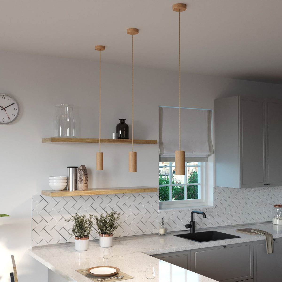 Lampada a sospensione completa di cavo tessile e paralume Tub-E14 in legno - Neutro