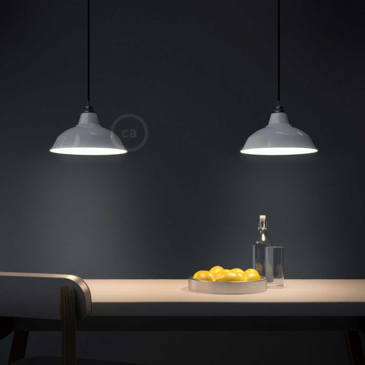 Lampada a sospensione completa di cavo tessile, paralume Bistrot e finiture in metallo - Bianco