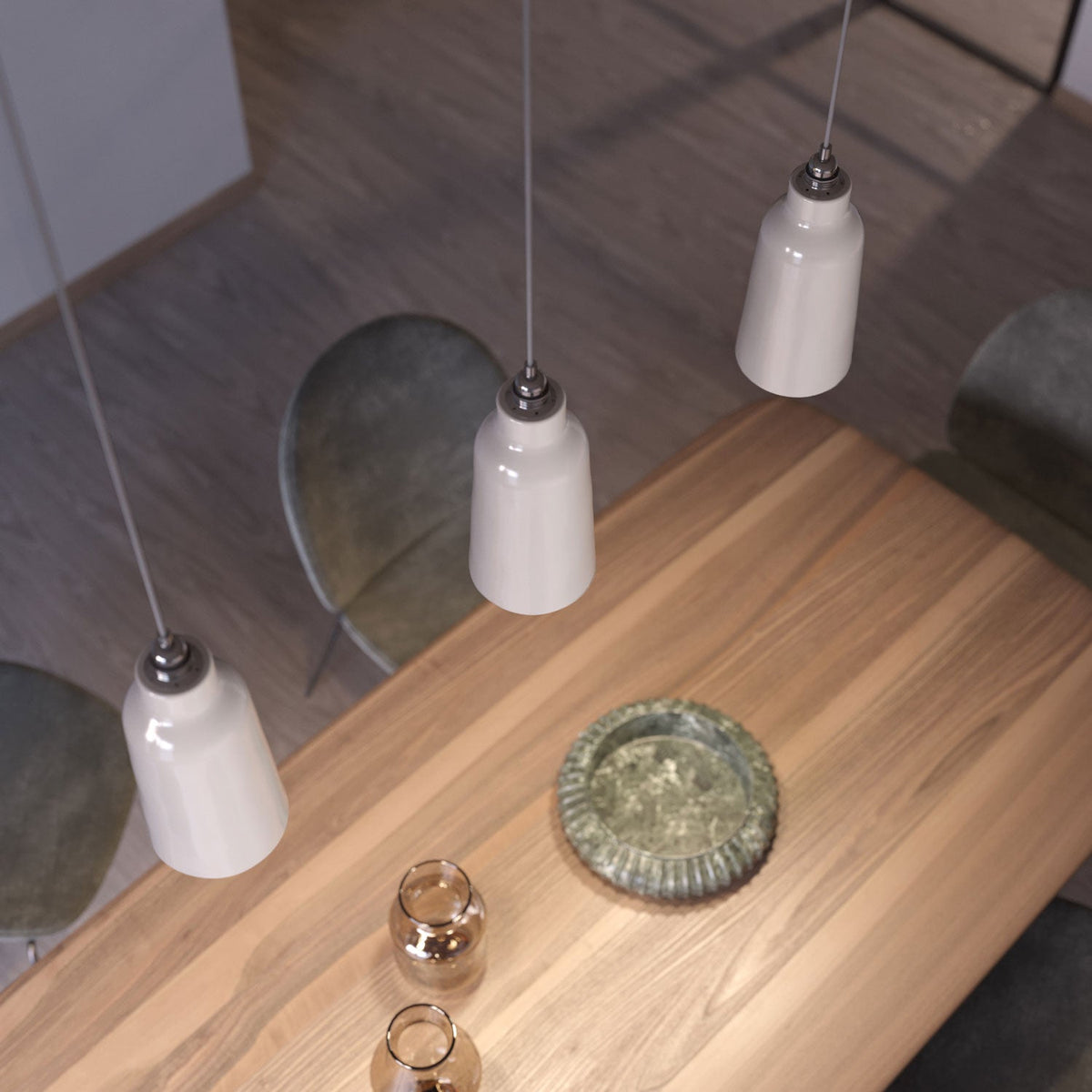 Lampada a sospensione completa di cavo tessile, paralume Bottiglia in ceramica e finiture in metallo - Bianco lucido