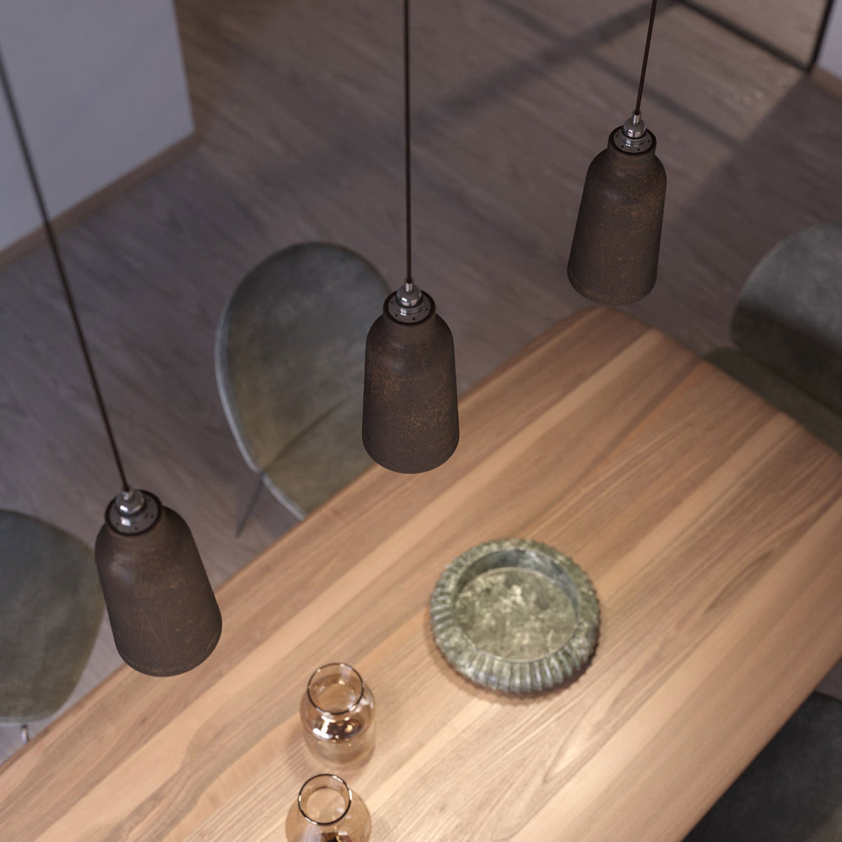 Lampada a sospensione completa di cavo tessile, paralume Bottiglia in ceramica e finiture in metallo - Effetto corten