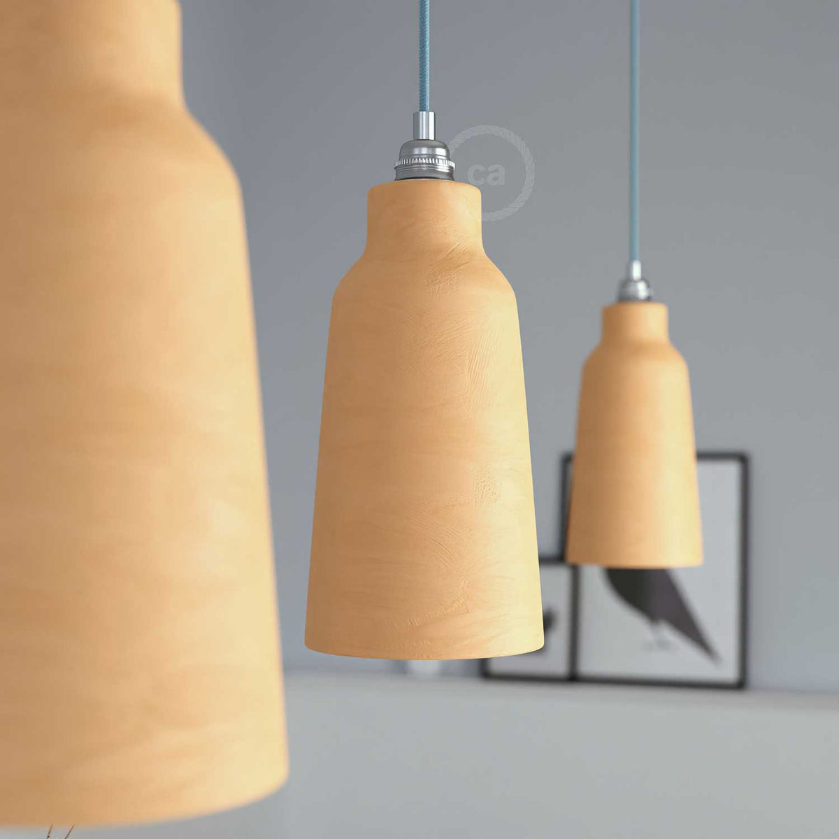 Lampada a sospensione completa di cavo tessile, paralume Bottiglia in ceramica e finiture in metallo - Terracotta striato