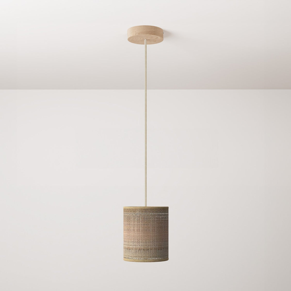Lampada a sospensione completa di cavo tessile, paralume Cilindro in rafia e finiture in metallo - Rafia naturale