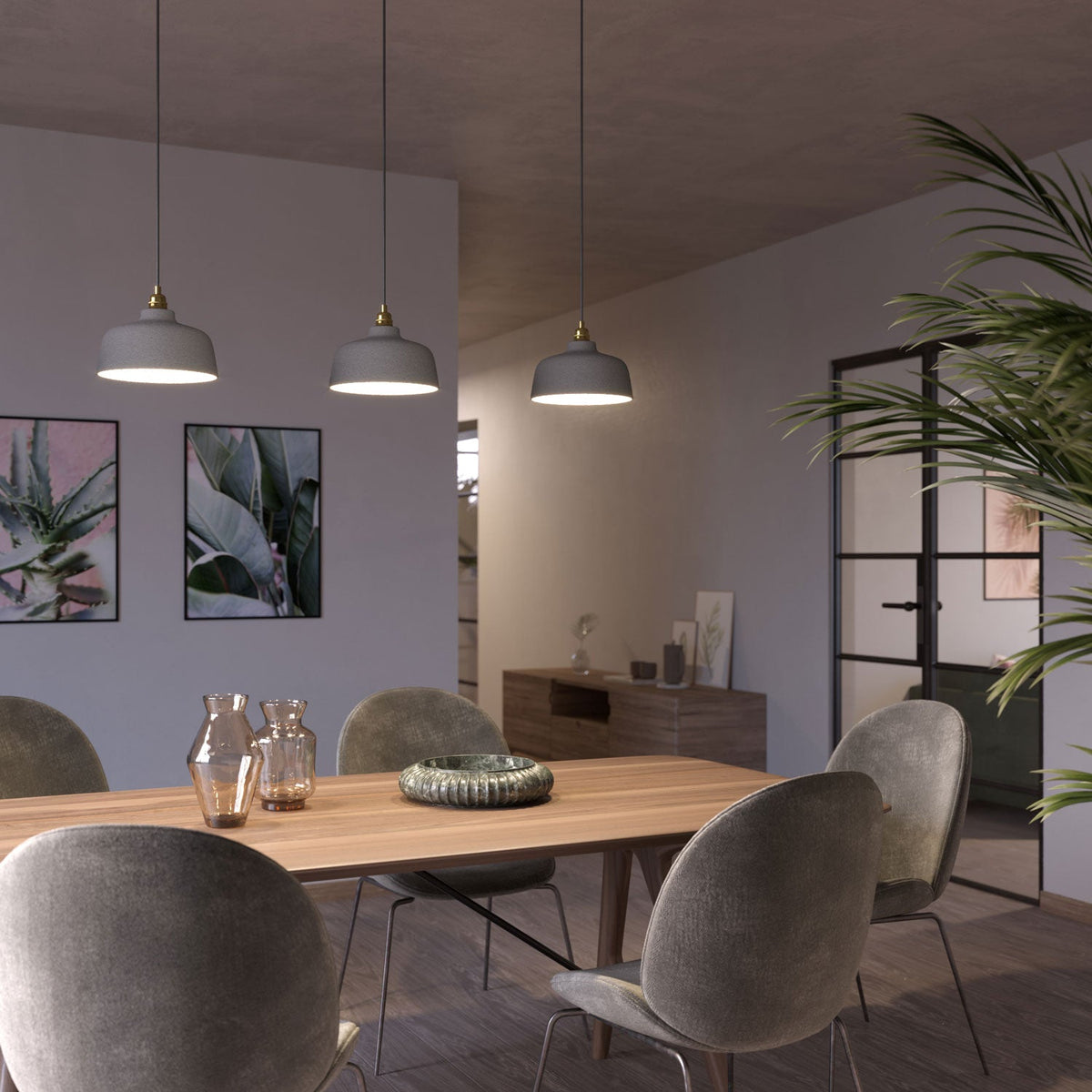 Lampada a sospensione completa di cavo tessile, paralume Coppa in ceramica e finiture in metallo - Effetto cemento