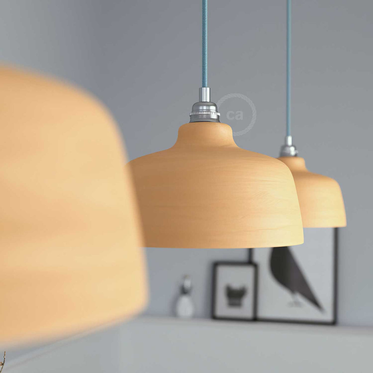 Lampada a sospensione completa di cavo tessile, paralume Coppa in ceramica e finiture in metallo - Terracotta striato