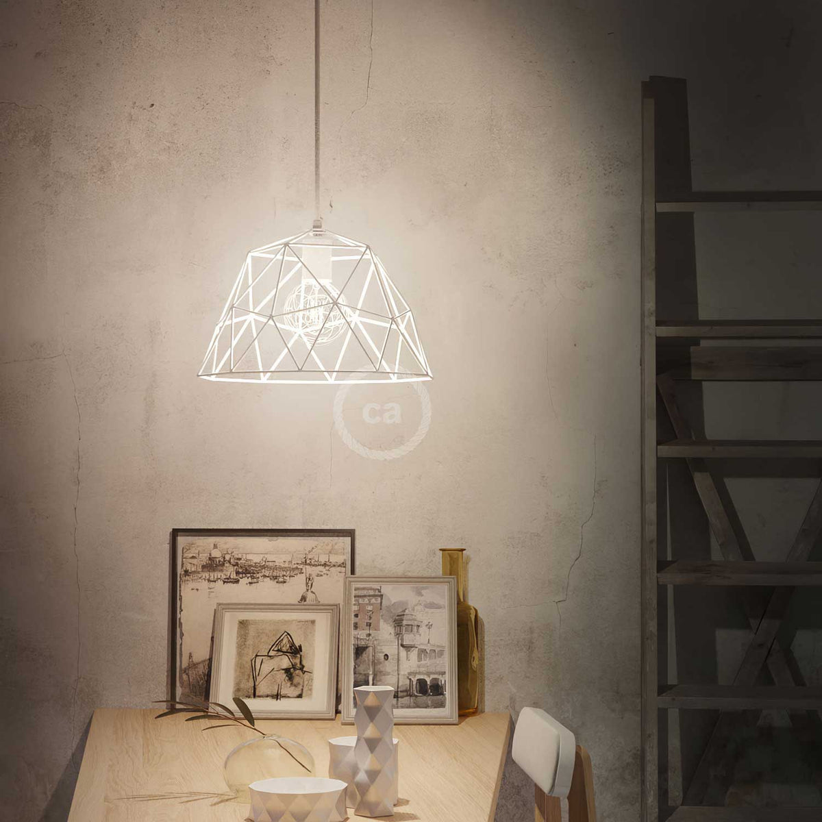 Lampada a sospensione completa di cavo tessile, paralume Dome e finiture in metallo - Bianco