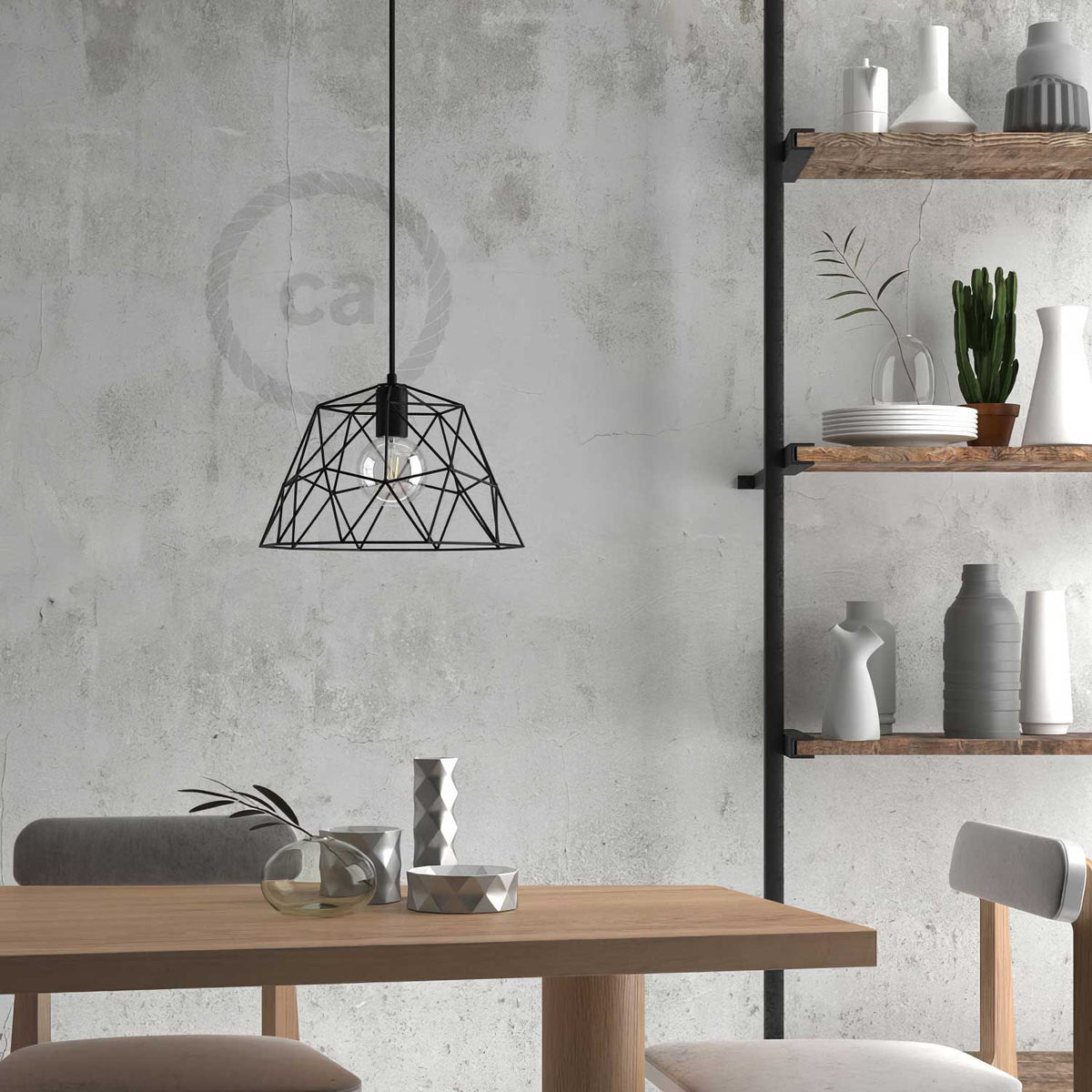 Lampada a sospensione completa di cavo tessile, paralume Dome e finiture in metallo - Nero