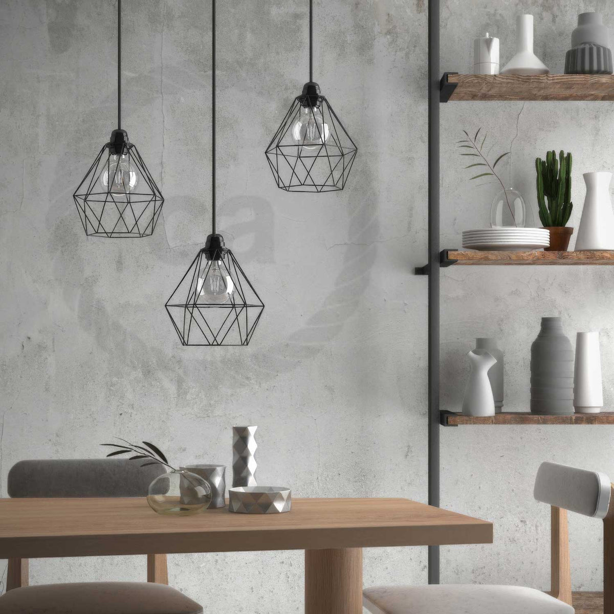 Lampada a sospensione completa di cavo tessile, paralume gabbia Diamond e finiture in metallo - Nero
