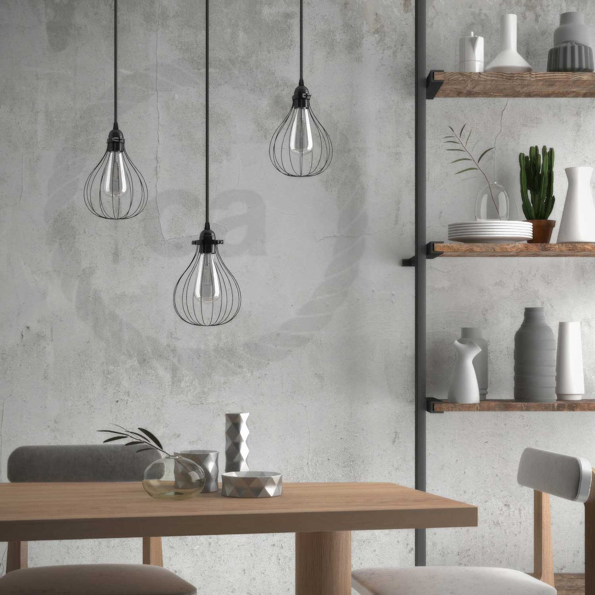 Lampada a sospensione completa di cavo tessile, paralume gabbia Drop e finiture in metallo - Nero