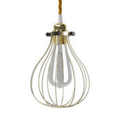 Lampada a sospensione completa di cavo tessile, paralume gabbia Drop e finiture in metallo - Ottone