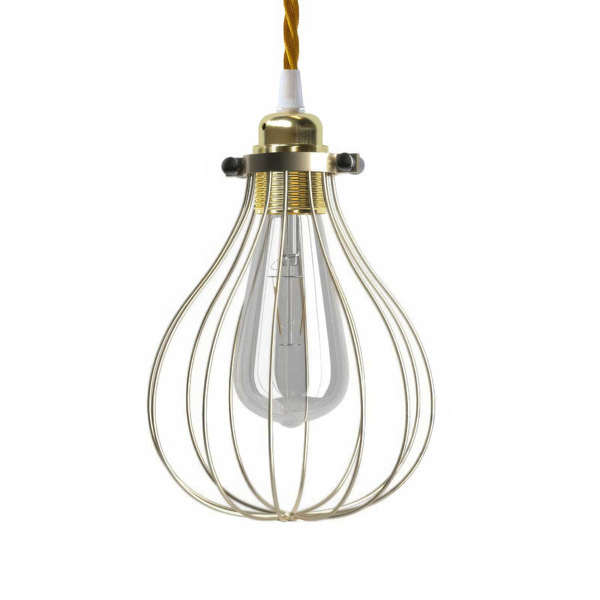 Lampada a sospensione completa di cavo tessile, paralume gabbia Drop e finiture in metallo - Ottone