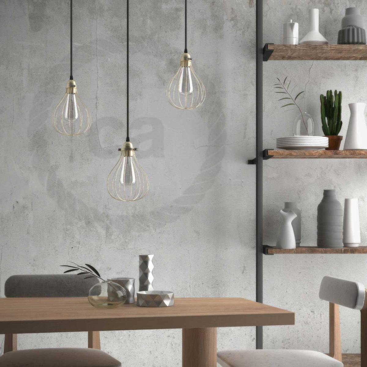 Lampada a sospensione completa di cavo tessile, paralume gabbia Drop e finiture in metallo - Ottone
