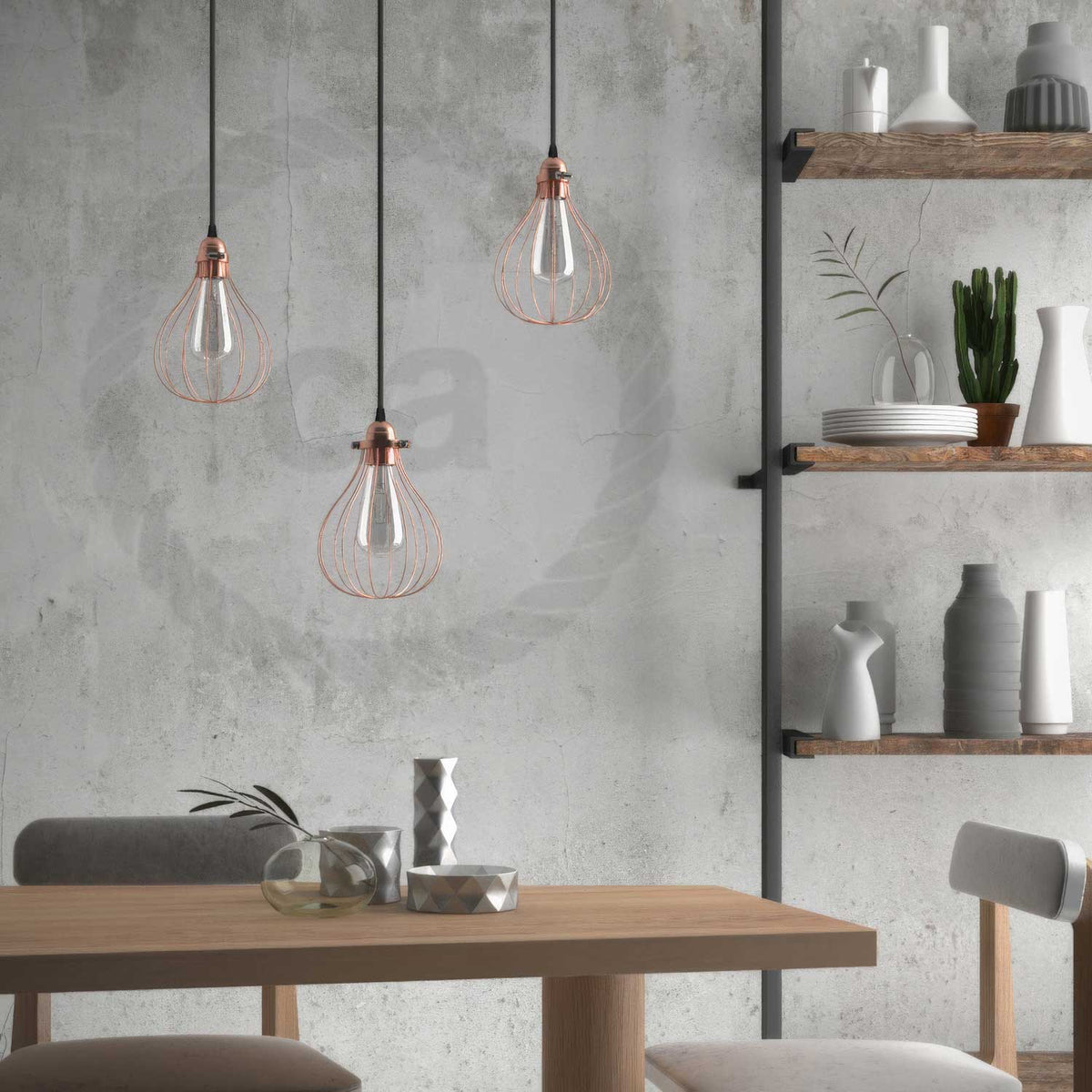 Lampada a sospensione completa di cavo tessile, paralume gabbia Drop e finiture in metallo - Rame