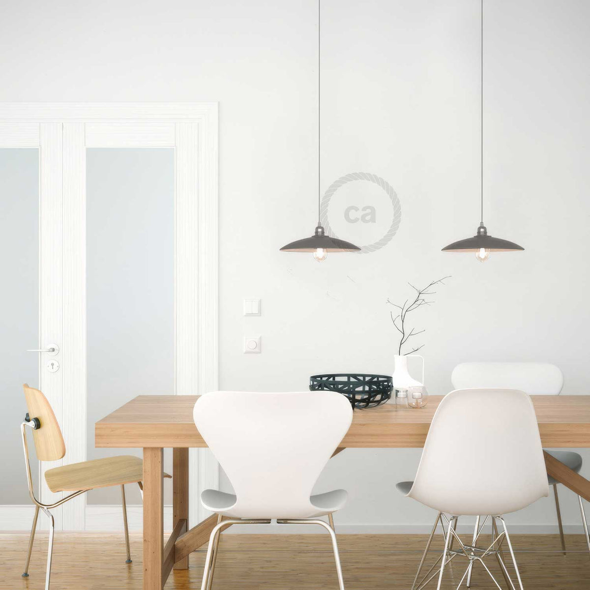 Lampada a sospensione completa di cavo tessile, paralume in ceramica Piatto e finiture in metallo - Effetto cemento
