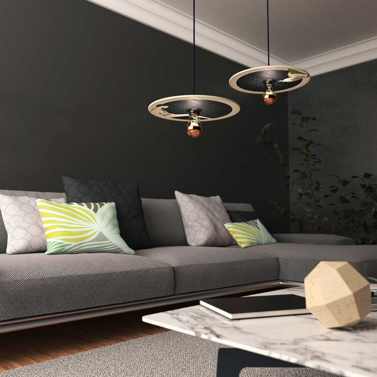 Lampada a sospensione completa di cavo tessile, paralume in legno UFO double-face e finiture in metallo - Chiara Fucà