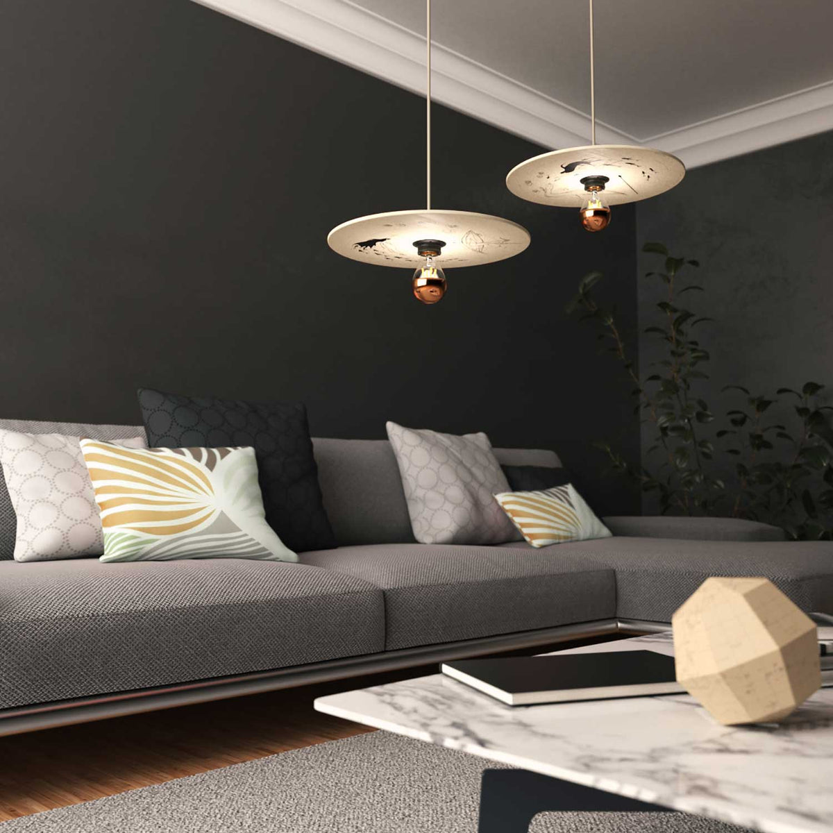 Lampada a sospensione completa di cavo tessile, paralume in legno UFO double-face e finiture in metallo - Fernando Cobelo