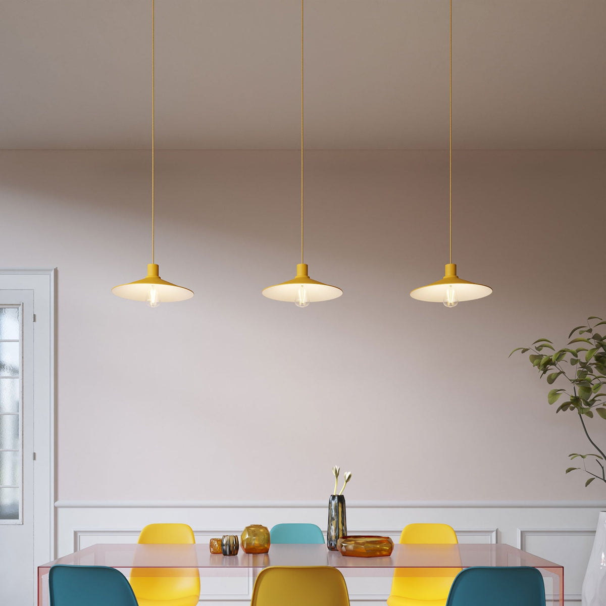 Lampada a sospensione completa di cavo tessile, paralume Swing Pastel e finiture in metallo - Mostarda