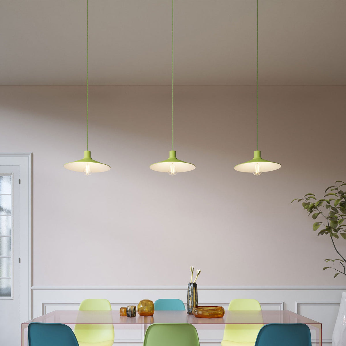 Lampada a sospensione completa di cavo tessile, paralume Swing Pastel e finiture in metallo - Verde prato