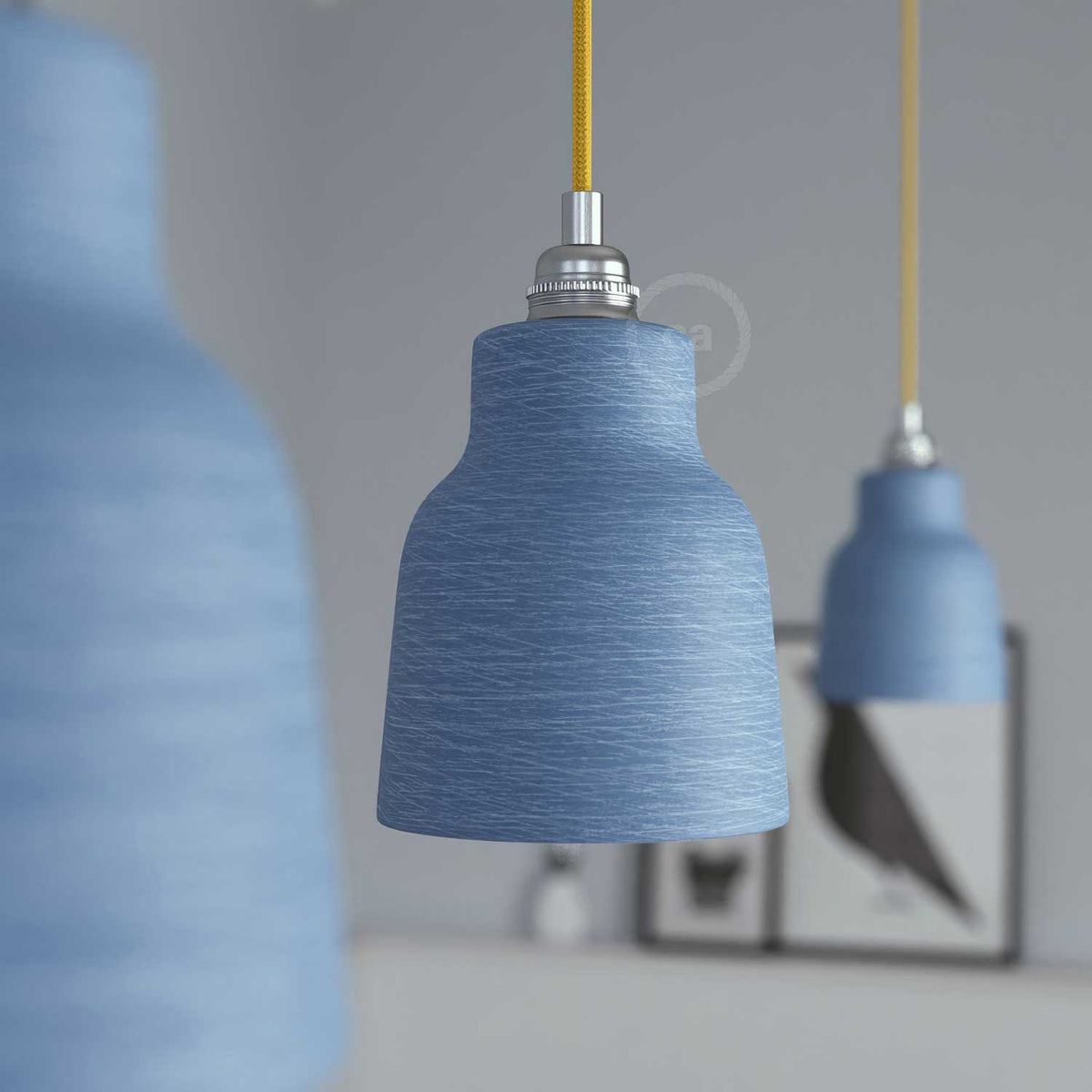 Lampada a sospensione completa di cavo tessile, paralume Vaso in ceramica e finiture in metallo - Avion striato