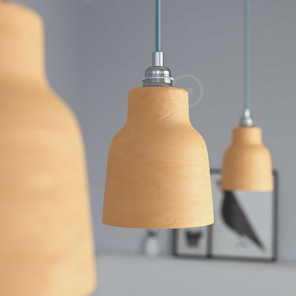 Lampada a sospensione completa di cavo tessile, paralume Vaso in ceramica e finiture in metallo - Terracotta striato