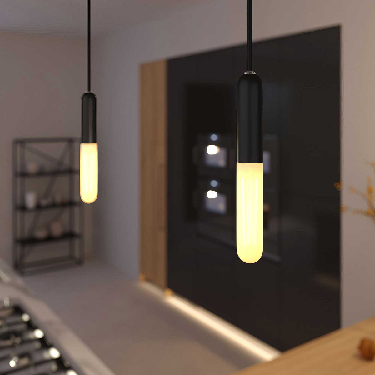 Lampada a sospensione completa di cavo tessile, portalampada E14 P-Light e finiture in metallo - Nero