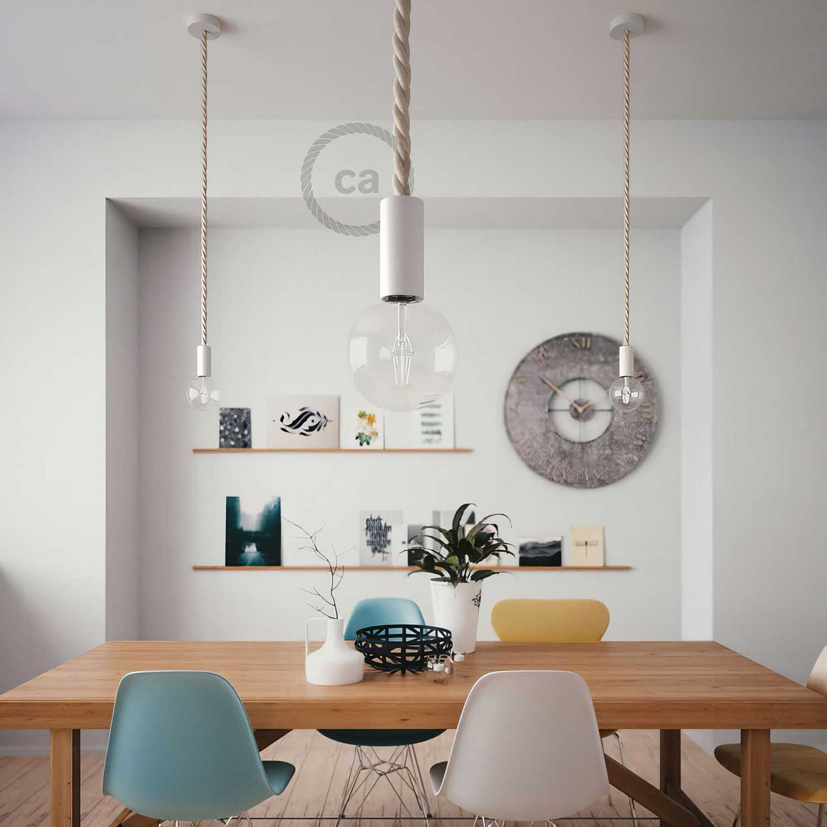 Lampada a sospensione completa di cordone nautico 2XL 24 mm con finiture in legno verniciato - Bianco