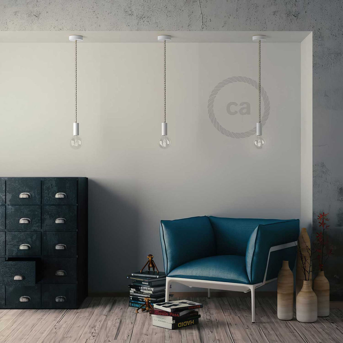 Lampada a sospensione completa di cordone nautico XL 16 mm con finiture in legno verniciato - Bianco