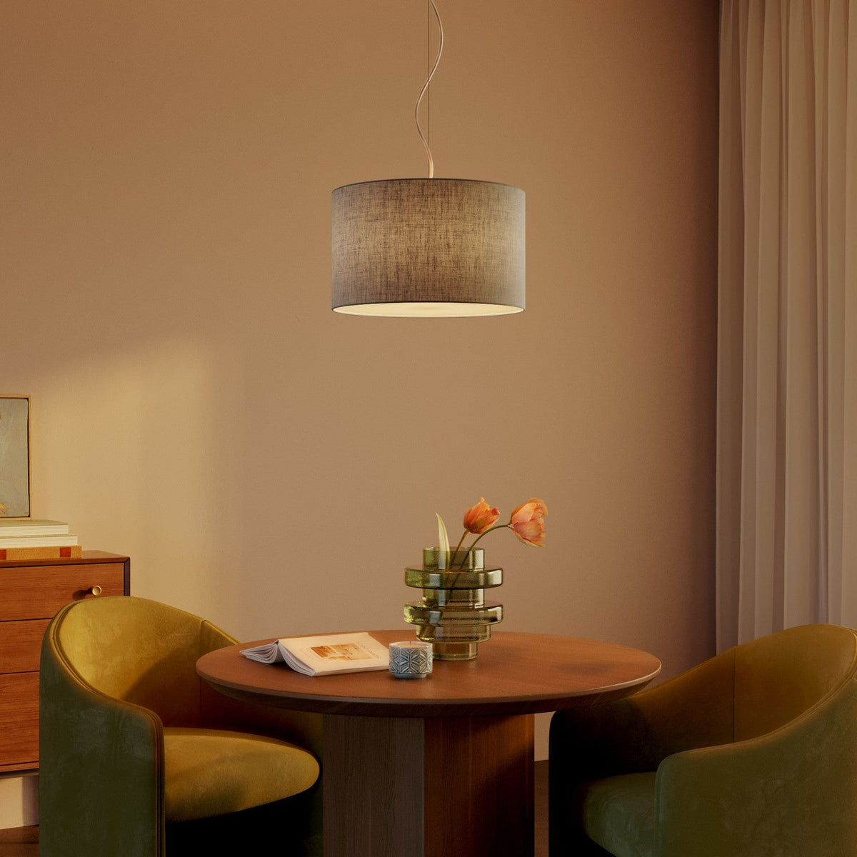 Lampada a sospensione con paralume in tessuto Cilindro Small Camelot grigio chiaro - Made in Italy Si