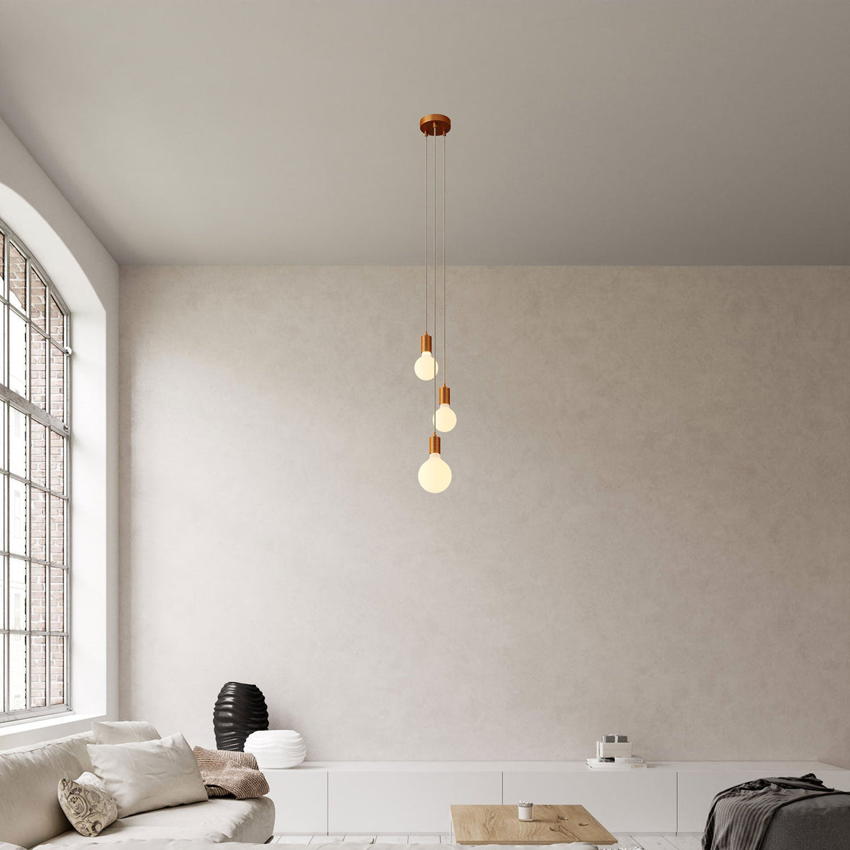 Lampada a sospensione multipla a 3 cadute con finiture in metallo - Rame satinato