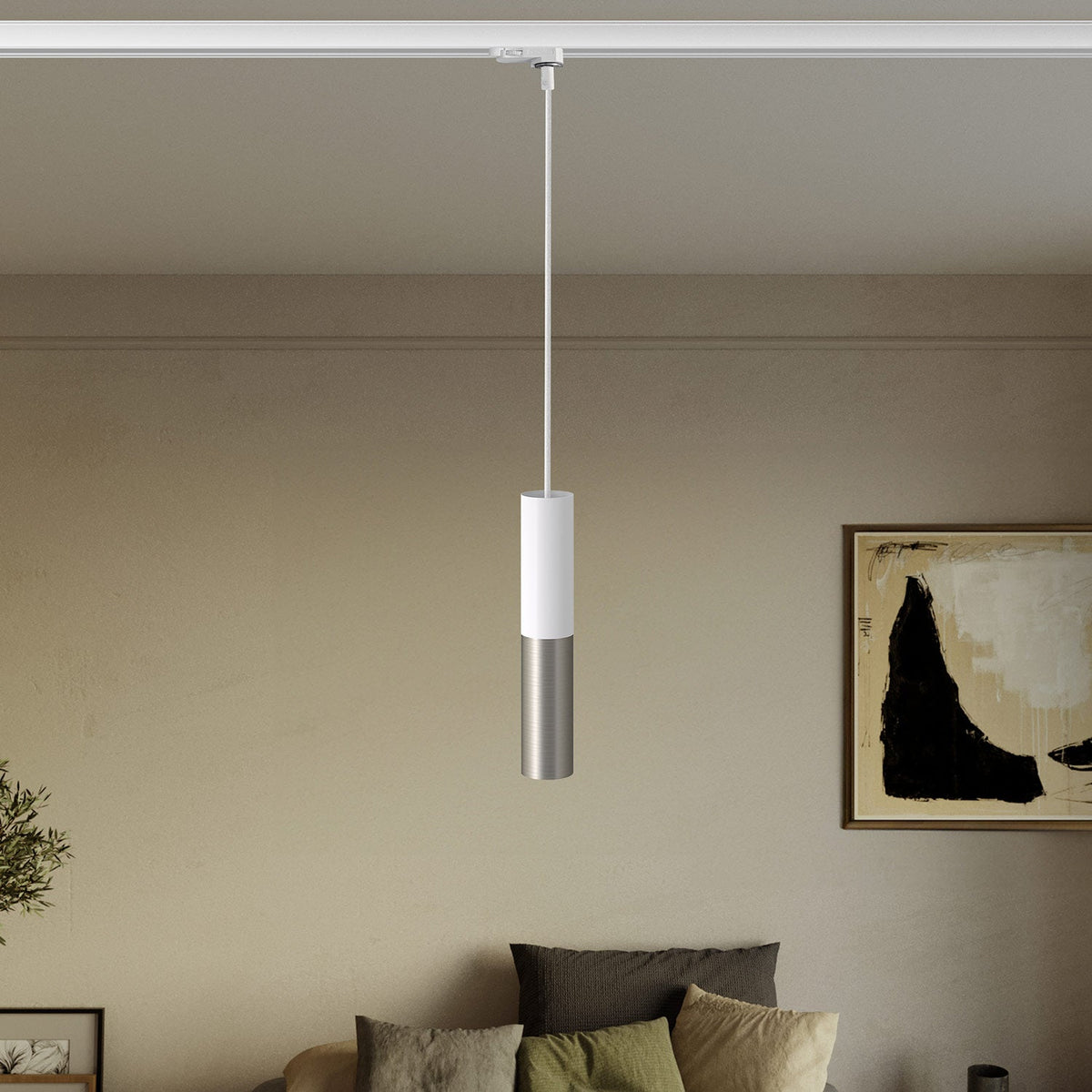 Lampada a sospensione per binari con doppio paralume Tub-E14 - Bianco e Titanio satinato