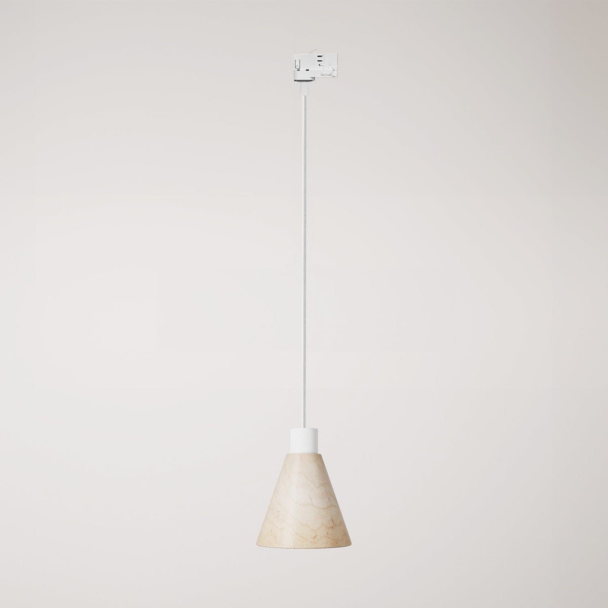 Lampada a sospensione per binari con paralume conico in legno - Bianco