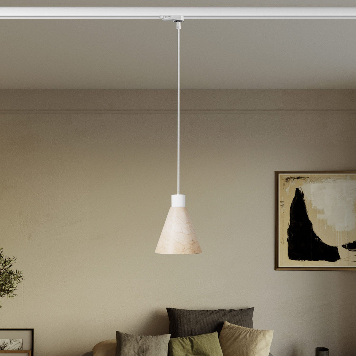 Lampada a sospensione per binari con paralume conico in legno - Bianco
