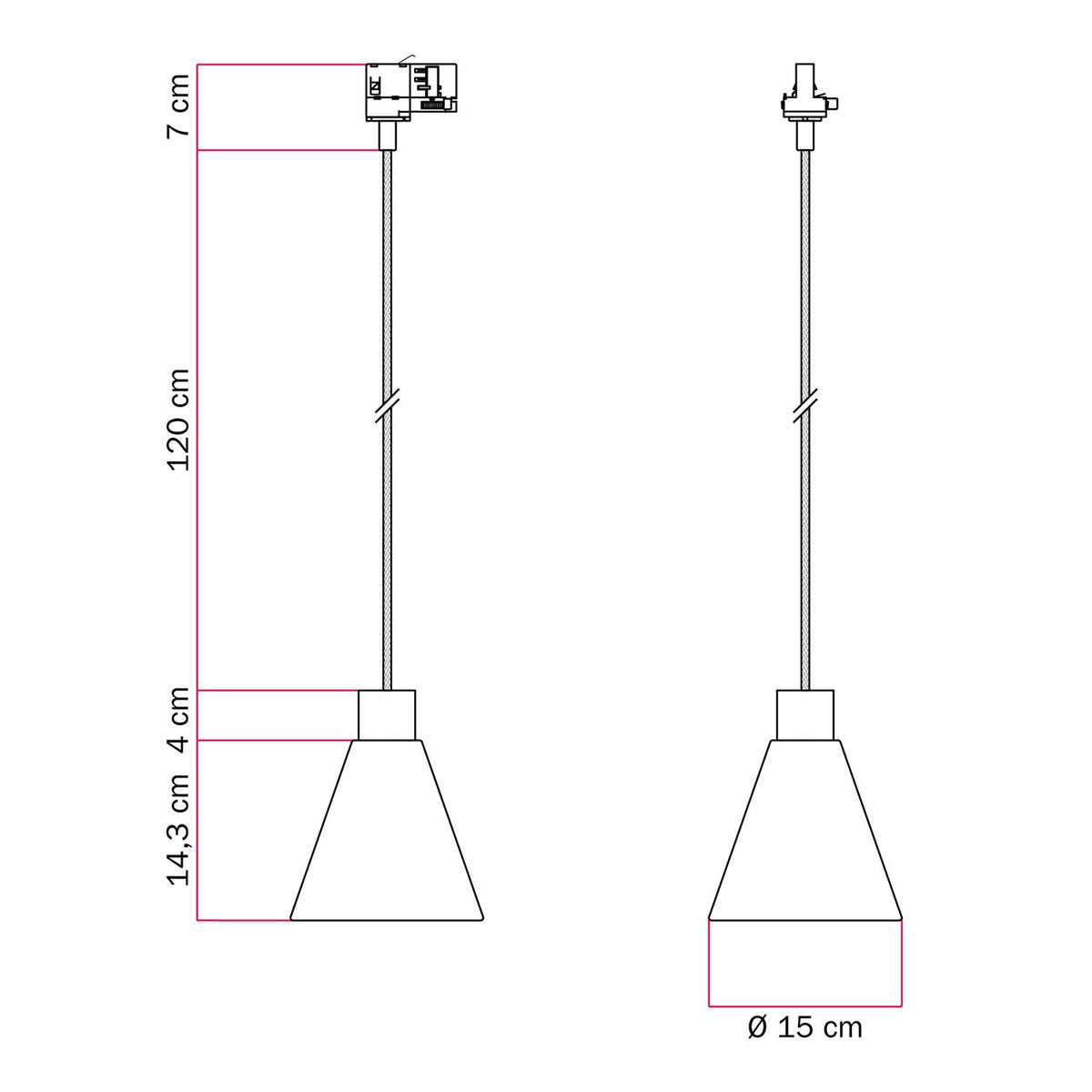 Lampada a sospensione per binari con paralume conico in legno - Nero
