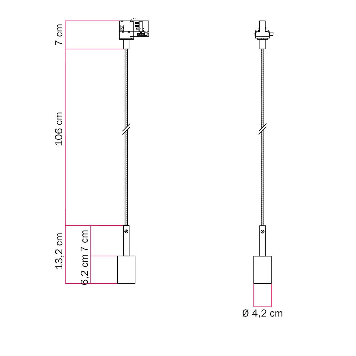 Lampada a sospensione per binario con serracavo da 7cm - Bianco
