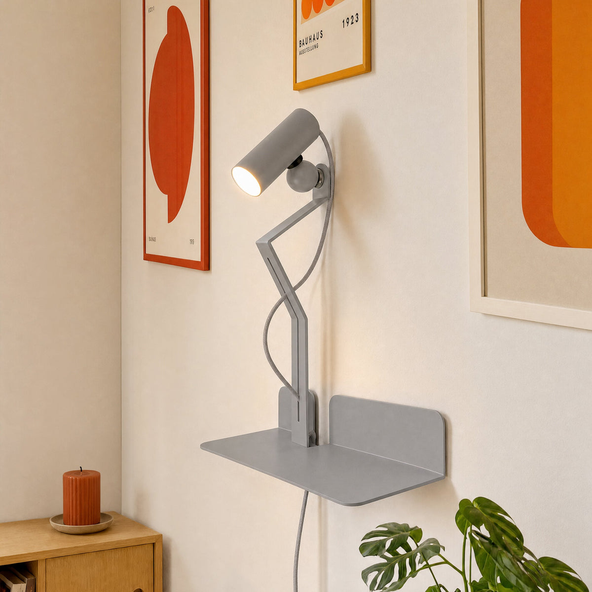 Lampada da parete con mensola e faretto magnetico orientabile - Murio Tubo - Grigio