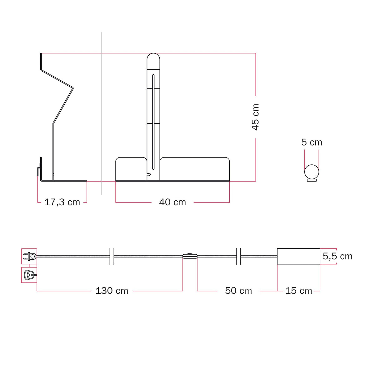 Lampada da parete con mensola e faretto magnetico orientabile - Murio Tubo - Rosso