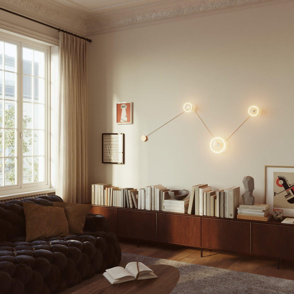 Lampada da parete Spostaluce con 3 lampadine Ghost e cavo bianco e oro