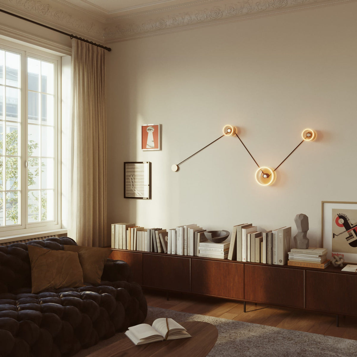 Lampada da parete Spostaluce con 3 lampadine Ghost e cavo nero e oro