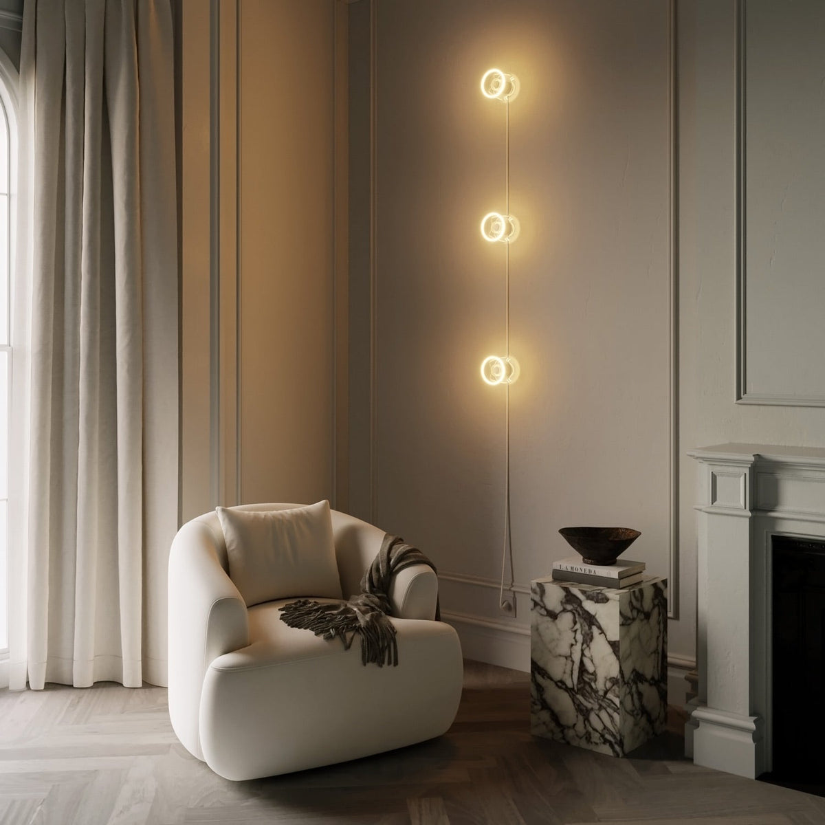 Lampada da parete Spostaluce con spina, 3 lampadine Ghost e cavo bianco