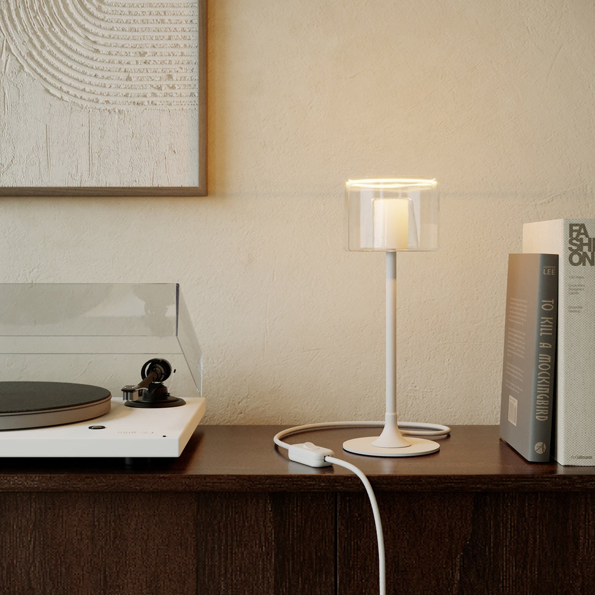 Lampada da tavolo MAG-Y con base metallica tonda e lampadina Ghost trasparente - Bianco opaco
