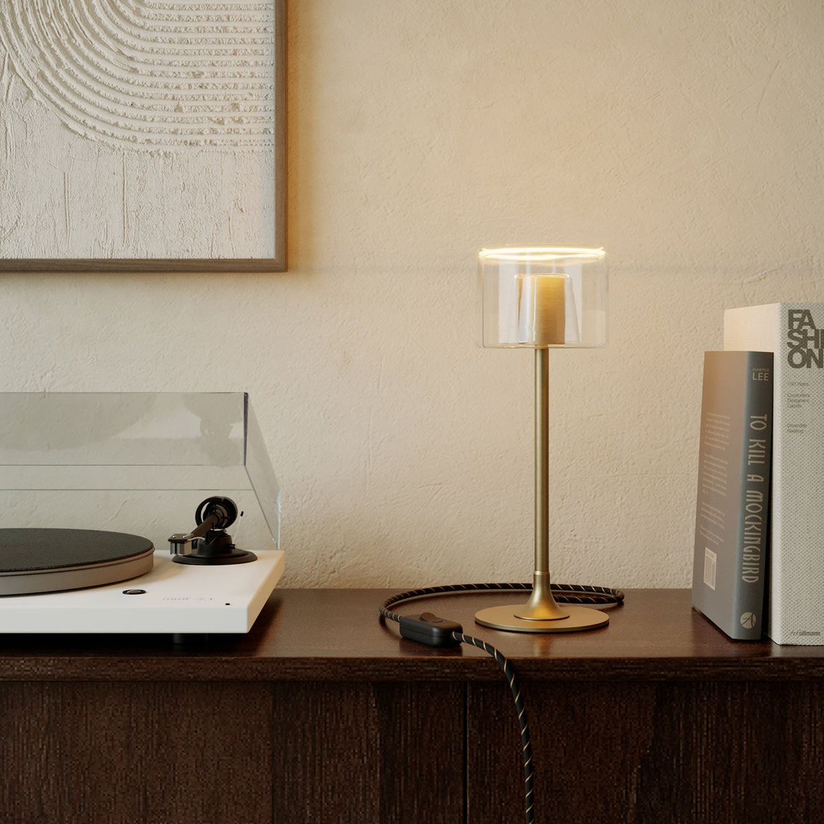 Lampada da tavolo MAG-Y con base metallica tonda e lampadina Ghost trasparente - Bronzo satinato