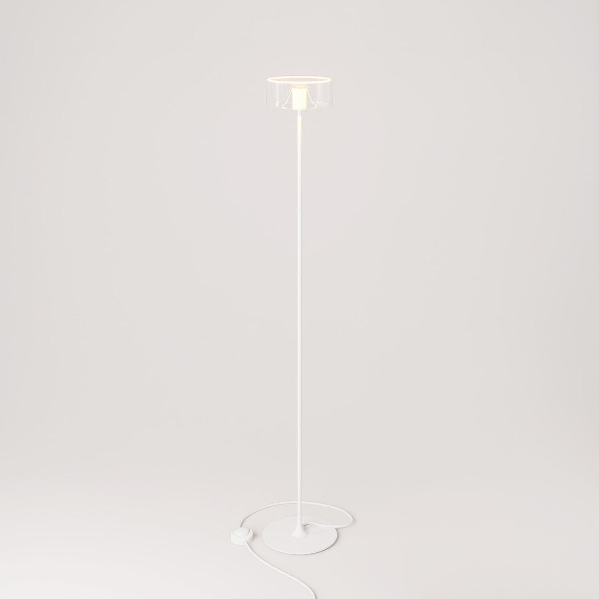 Lampada da terra MAG-Y con base metallica tonda e lampadina Ghost trasparente - Bianco opaco