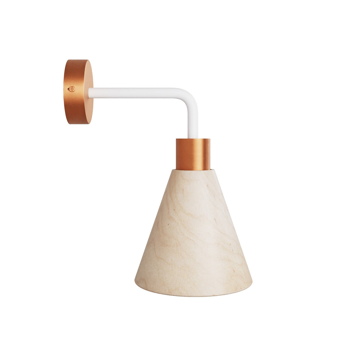 Lampada Fermaluce con paralume conico in legno ed estensione curva - Rame satinato