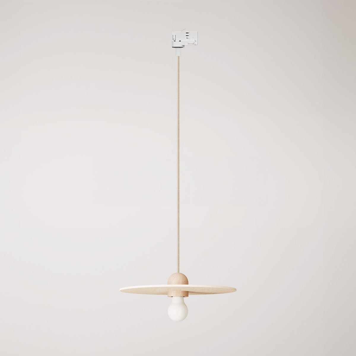 Lampada in legno a binario con cavo tessile e paralume UFO - Neutro