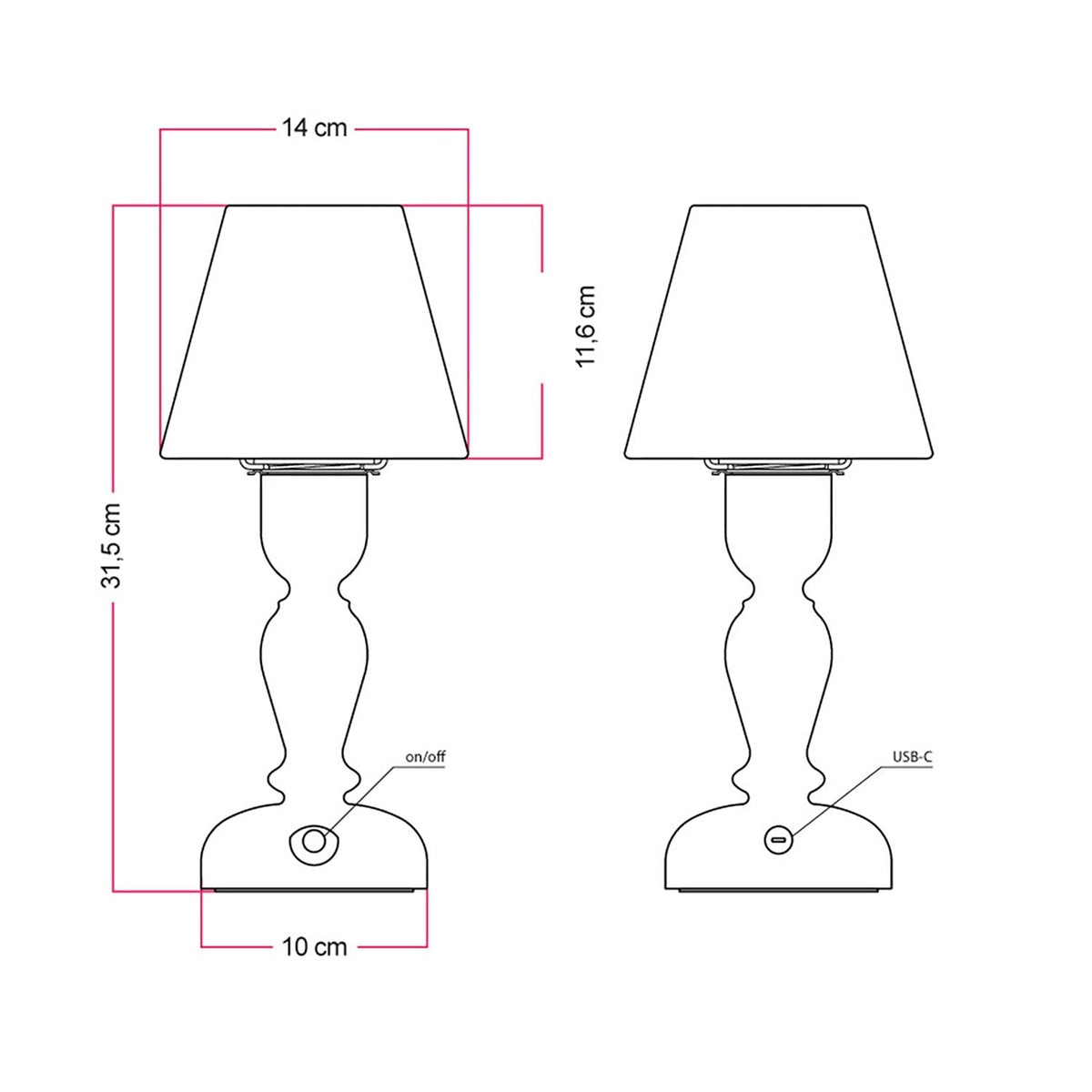 Lampada portatile ricaricabile Cabless14 con lampadina a goccia e paralume - Nero