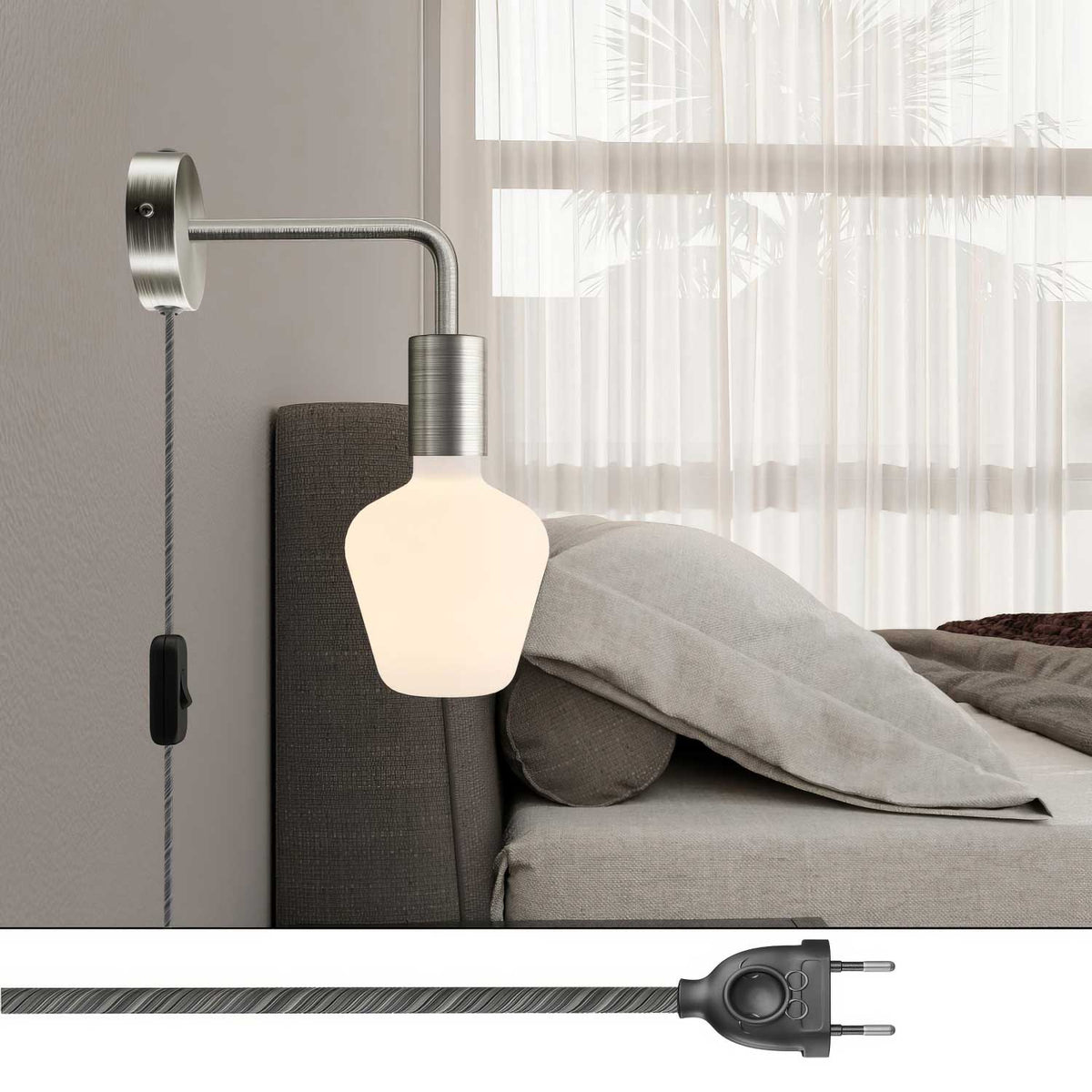 Lampada Spostaluce in metallo con estensione curva - Titanio satinato