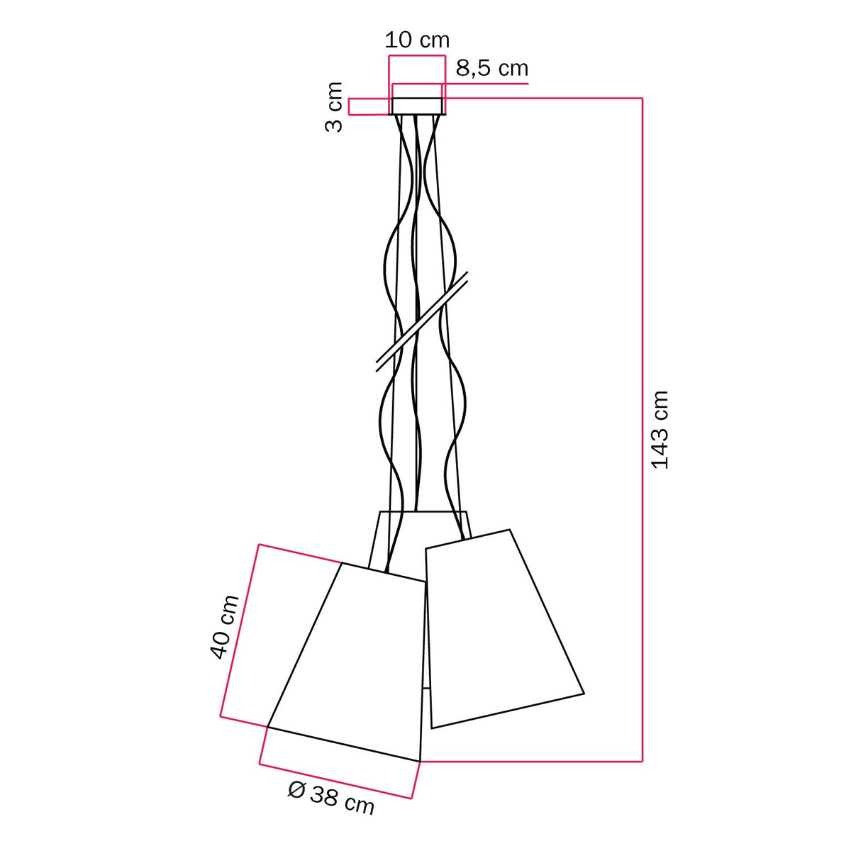 Lampadario Trittico con paralumi a cono bicolore Cenere e Celeste - Made in Italy