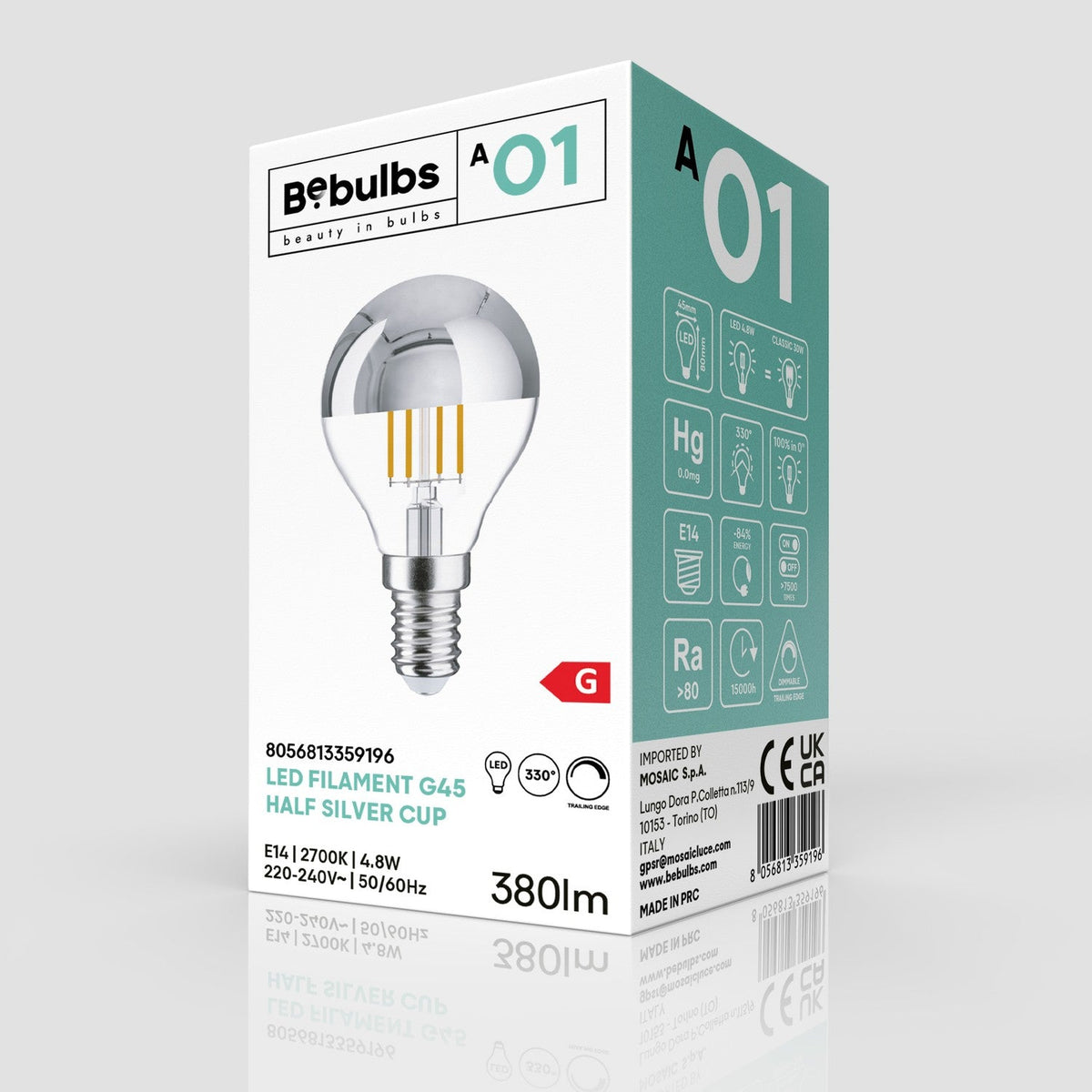 Lampadina LED Mezza Sfera Argento Mini Globo G45 4,8W 380Lm E14 2700K Dimmerabile - A01